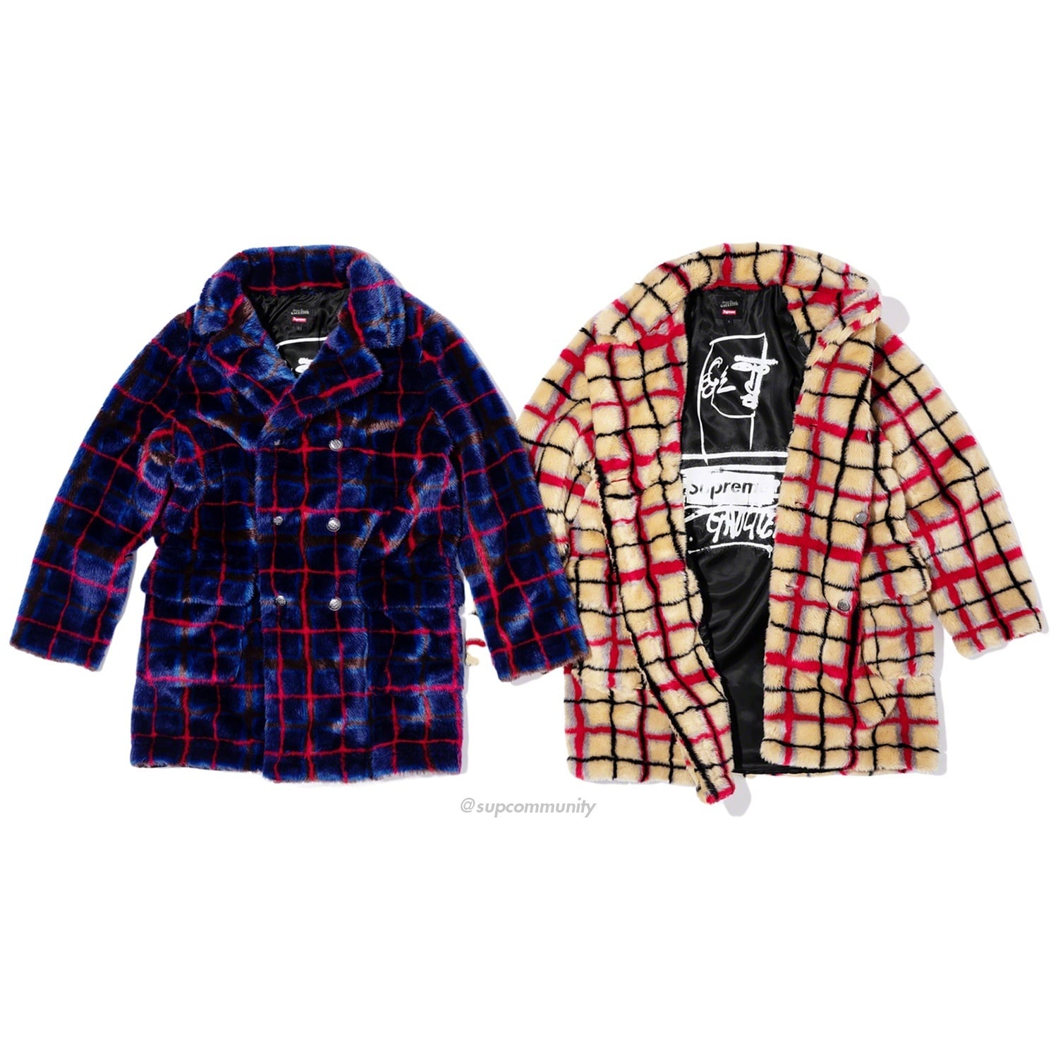 Supreme®/Jean Paul Gaultier® Double Breasted Plaid Faux Fur Coat